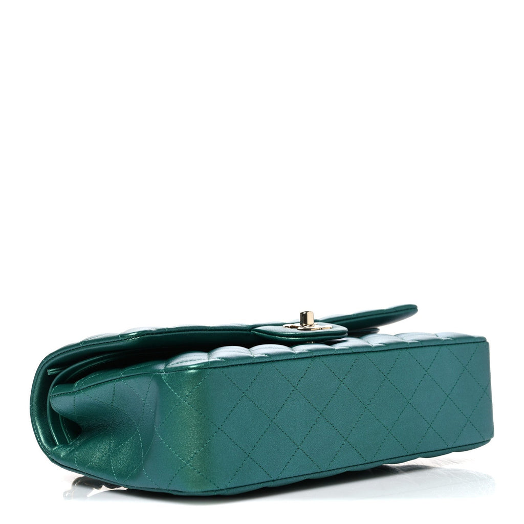 Iridescent Calfskin Quilted Medium Double Flap Green wholesalehk.shop