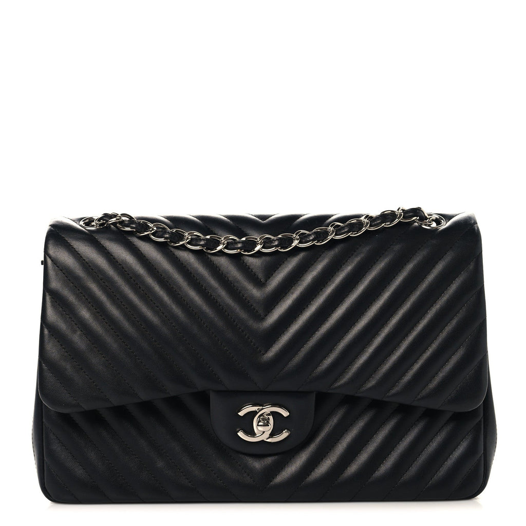 Lambskin Chevron Quilted Jumbo Double Flap Black wholesalehk.shop