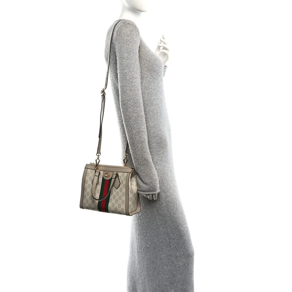 GG Supreme Monogram Textured Dollar Calfskin Web Small Ophidia Tote Bag Beige Mystic White Oatmeal wholesalehk.shop