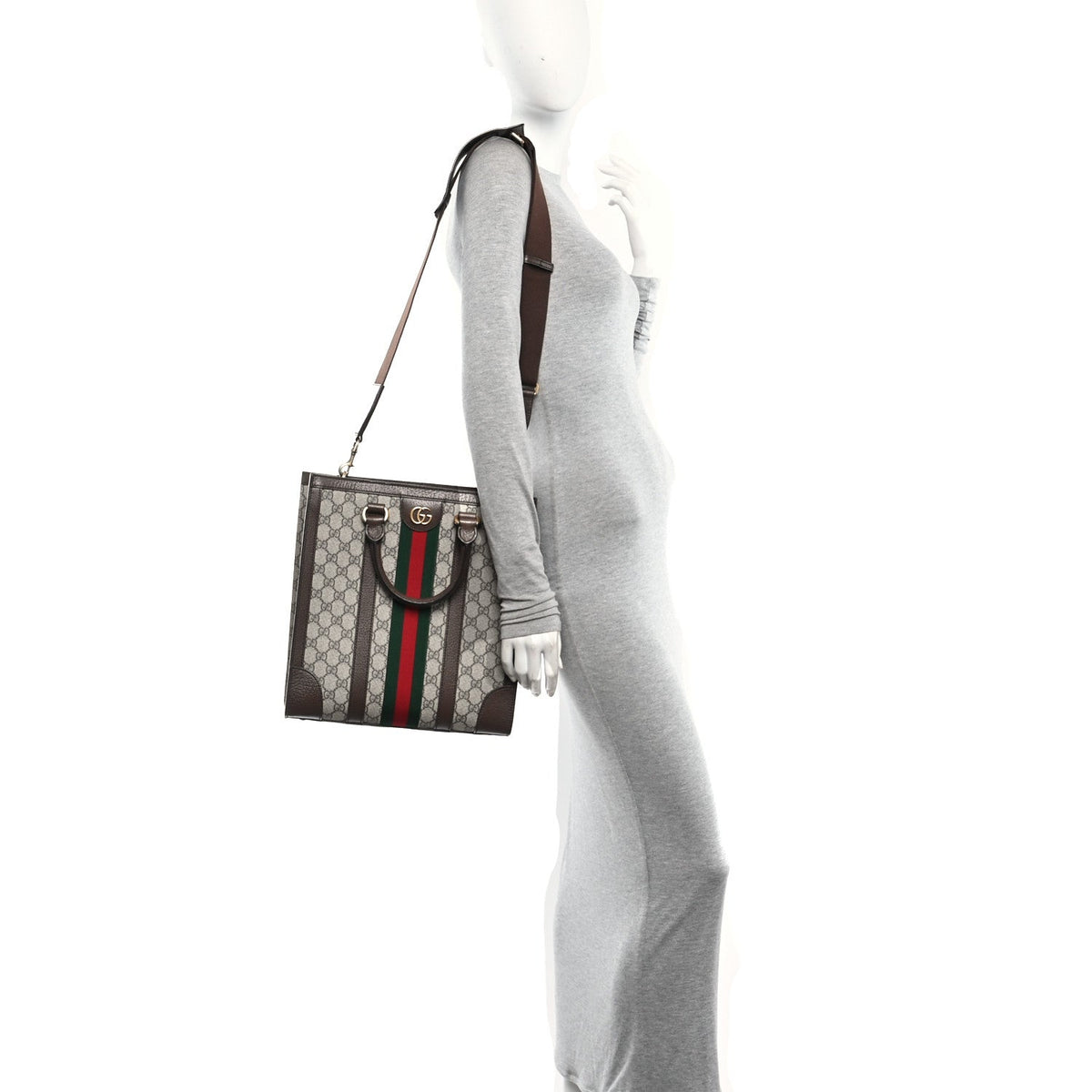 GG Supreme Monogram Textured Dollar Calfskin Web Medium Ophidia Tote Bag Beige Ebony wholesalehk.shop