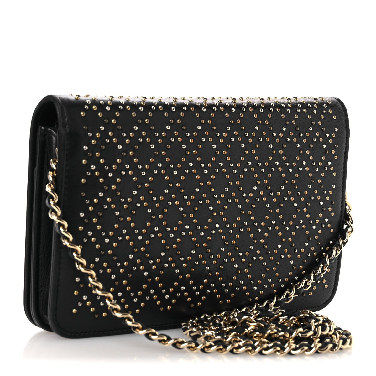 Lambskin Studded Wallet on Chain WOC Grey wholesalehk.shop