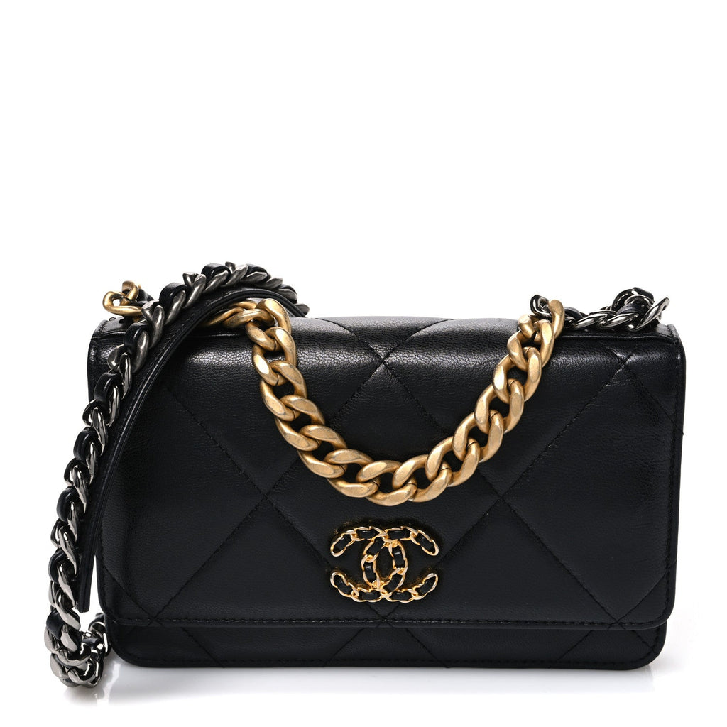 Goatskin Quilted Chanel 19 Wallet On Chain WOC Black wholesalehk.shop