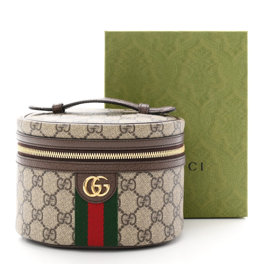 GG Supreme Monogram Textured Calfskin Web Ophidia Vanity Cosmetic Case Beige Ebony New Acero wholesalehk.shop