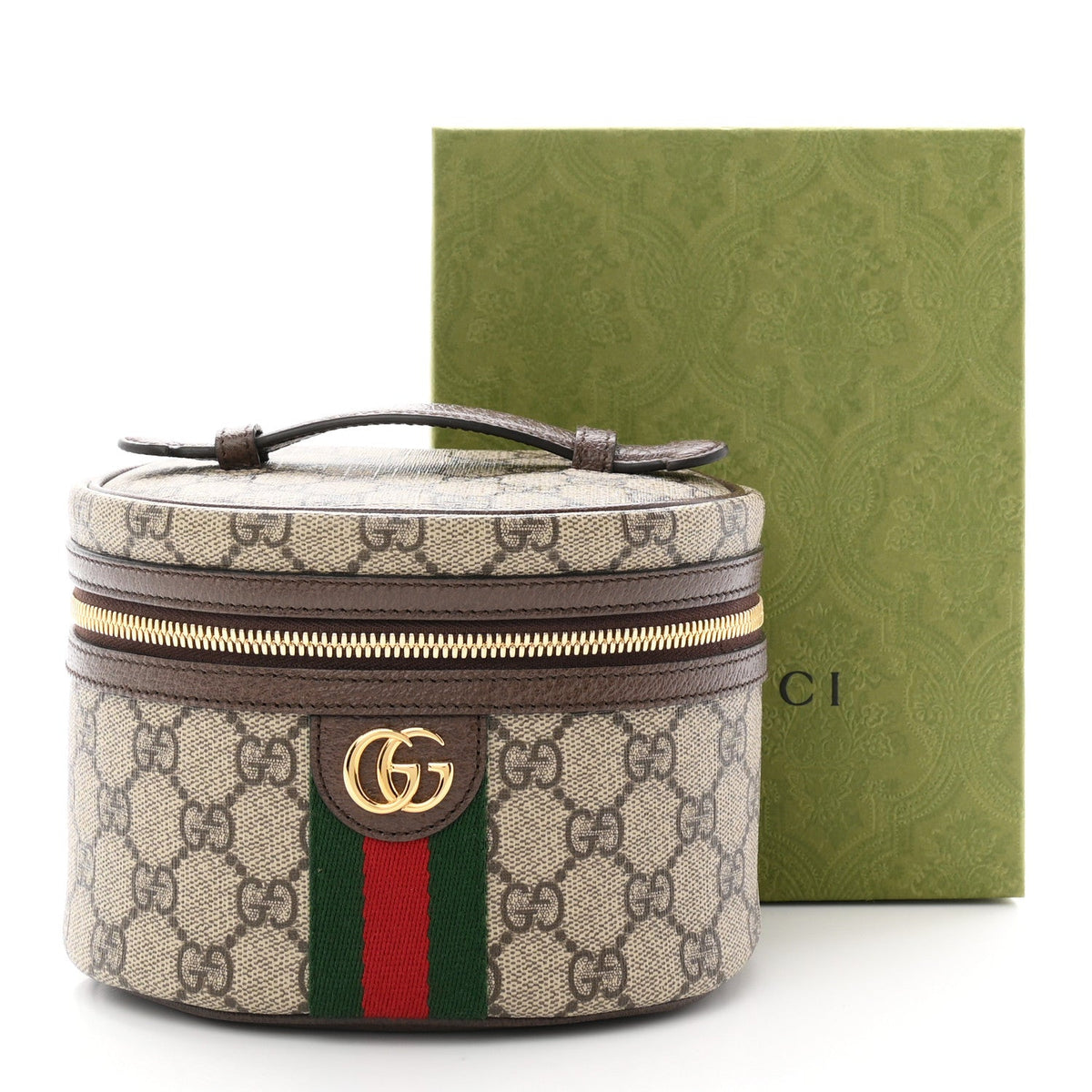 GG Supreme Monogram Textured Calfskin Web Ophidia Vanity Cosmetic Case Beige Ebony New Acero wholesalehk.shop