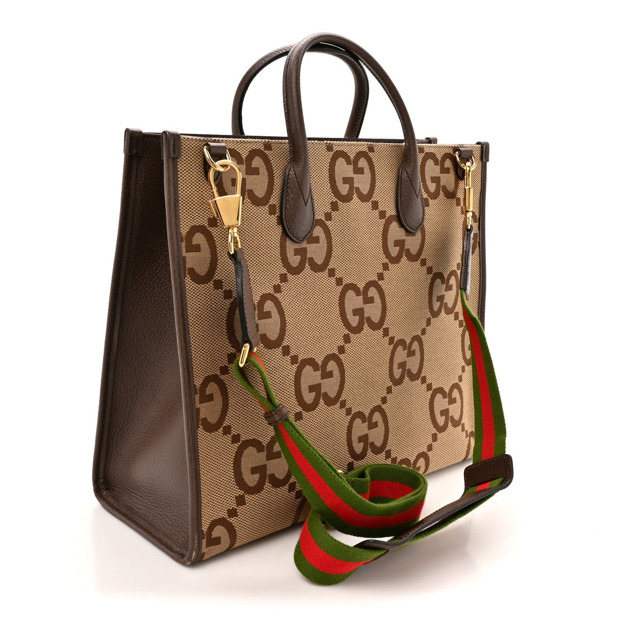 Monogram Jumbo GG Textured Dollar Calfskin Web Tote Bag Camel Ebony New Acero wholesalehk.shop