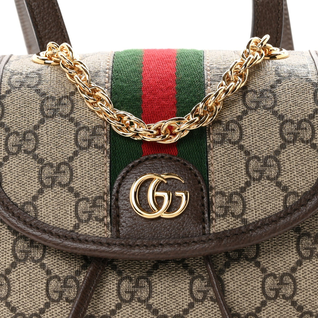 GG Supreme Monogram Textured Dollar Calfskin Web Mini Ophidia Chain Drawstring Backpack Beige Brown wholesalehk.shop