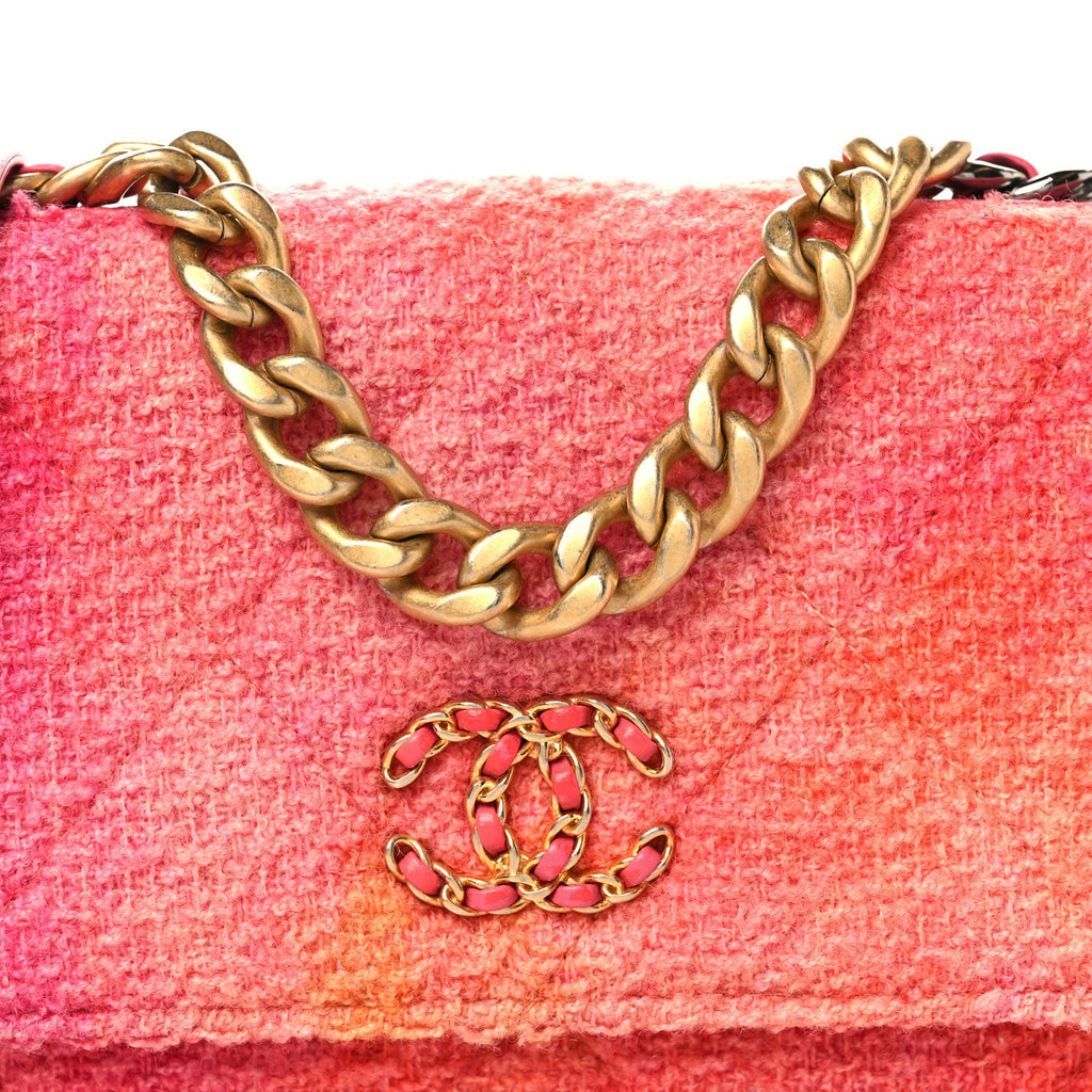Wool Tweed Lambskin Quilted Chanel 19 Wallet On Chain WOC Coral Pink wholesalehk.shop