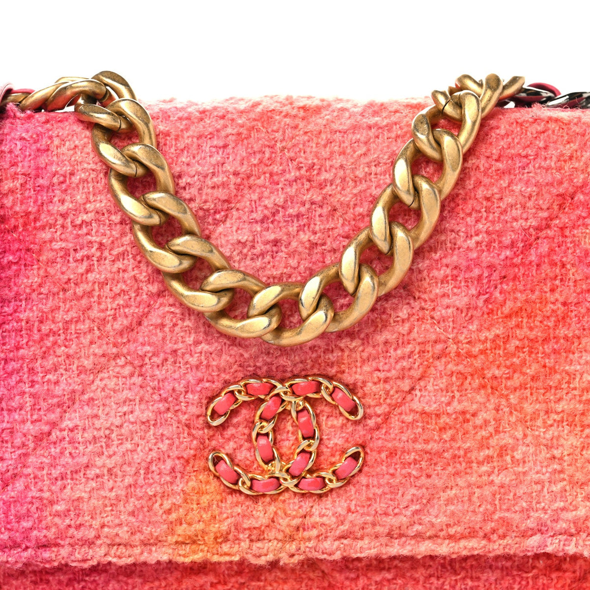 Wool Tweed Lambskin Quilted Chanel 19 Wallet On Chain WOC Coral Pink wholesalehk.shop
