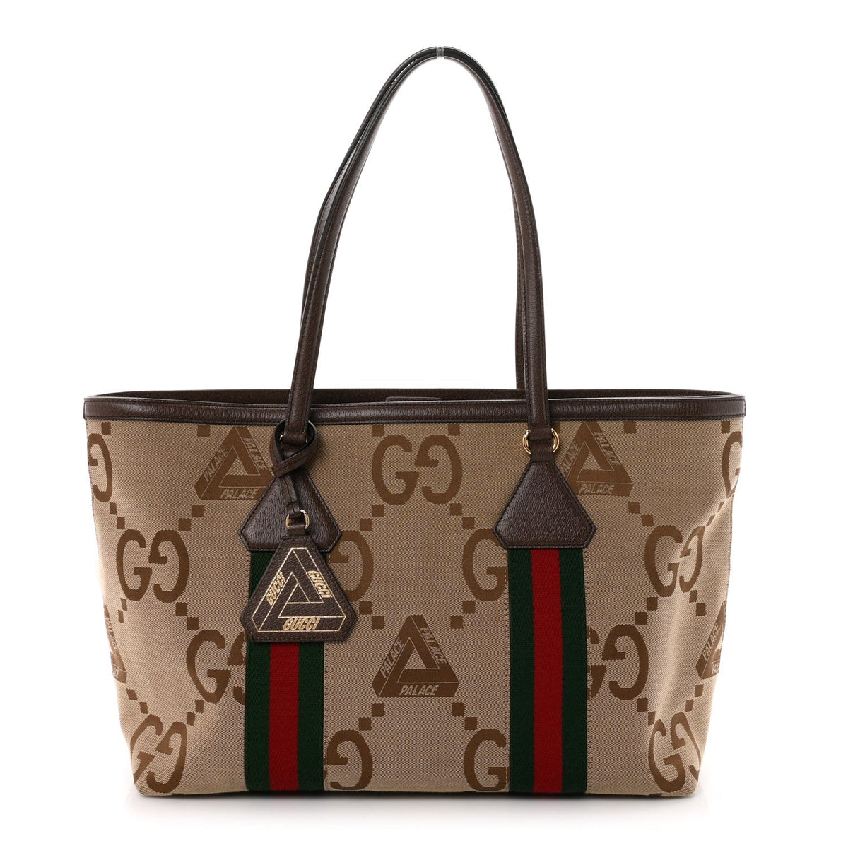 X PALACE Monogram Jumbo GG Textured Dollar Calfskin Web Medium Ophidia Shopping Tote Camel Ebony wholesalehk.shop