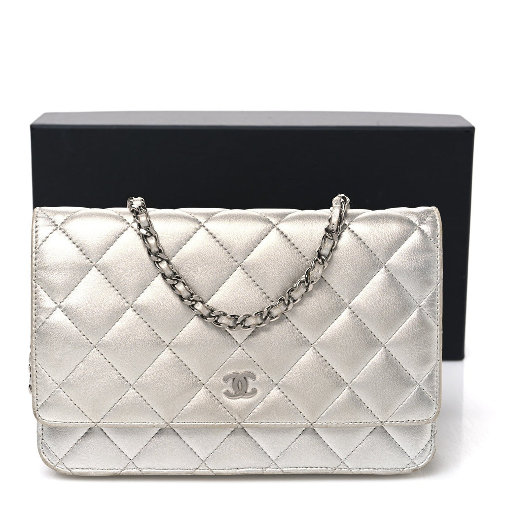 Metallic Lambskin Quilted Wallet On Chain WOC Silver wholesalehk.shop