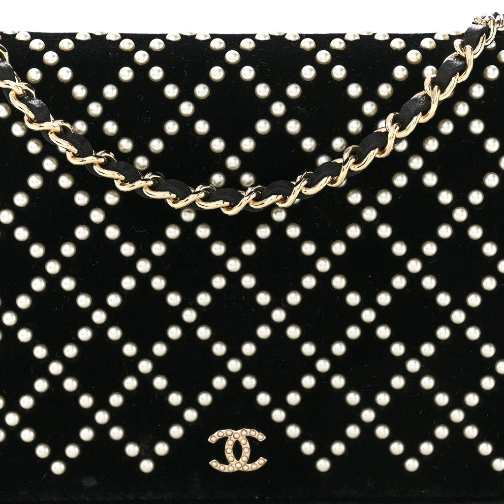 Velvet Pearl Diamond Embellished Wallet On Chain WOC Black wholesalehk.shop