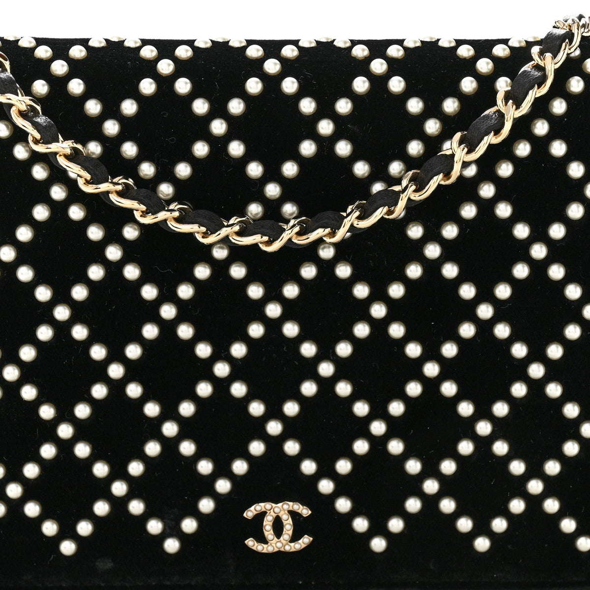 Velvet Pearl Diamond Embellished Wallet On Chain WOC Black wholesalehk.shop