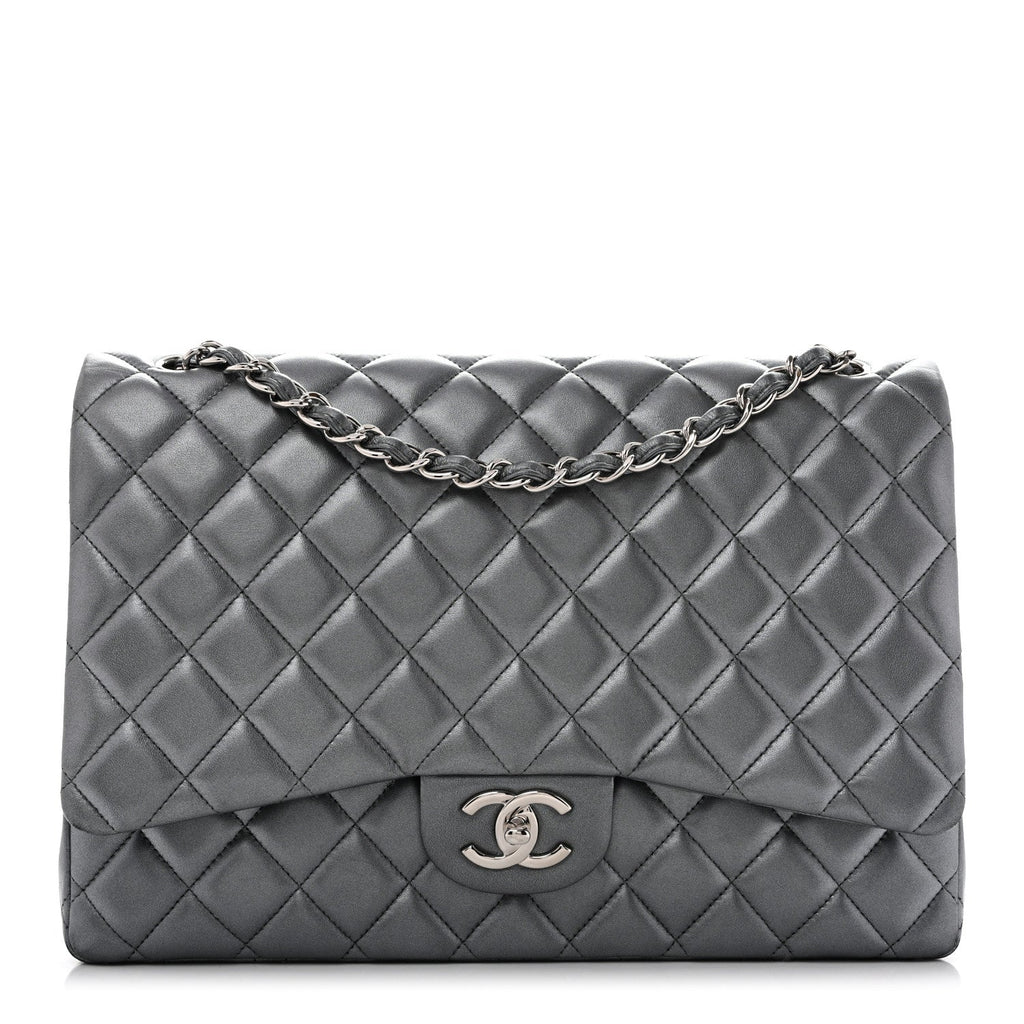 Metallic Lambskin Quilted Maxi Double Flap Pewter wholesalehk.shop
