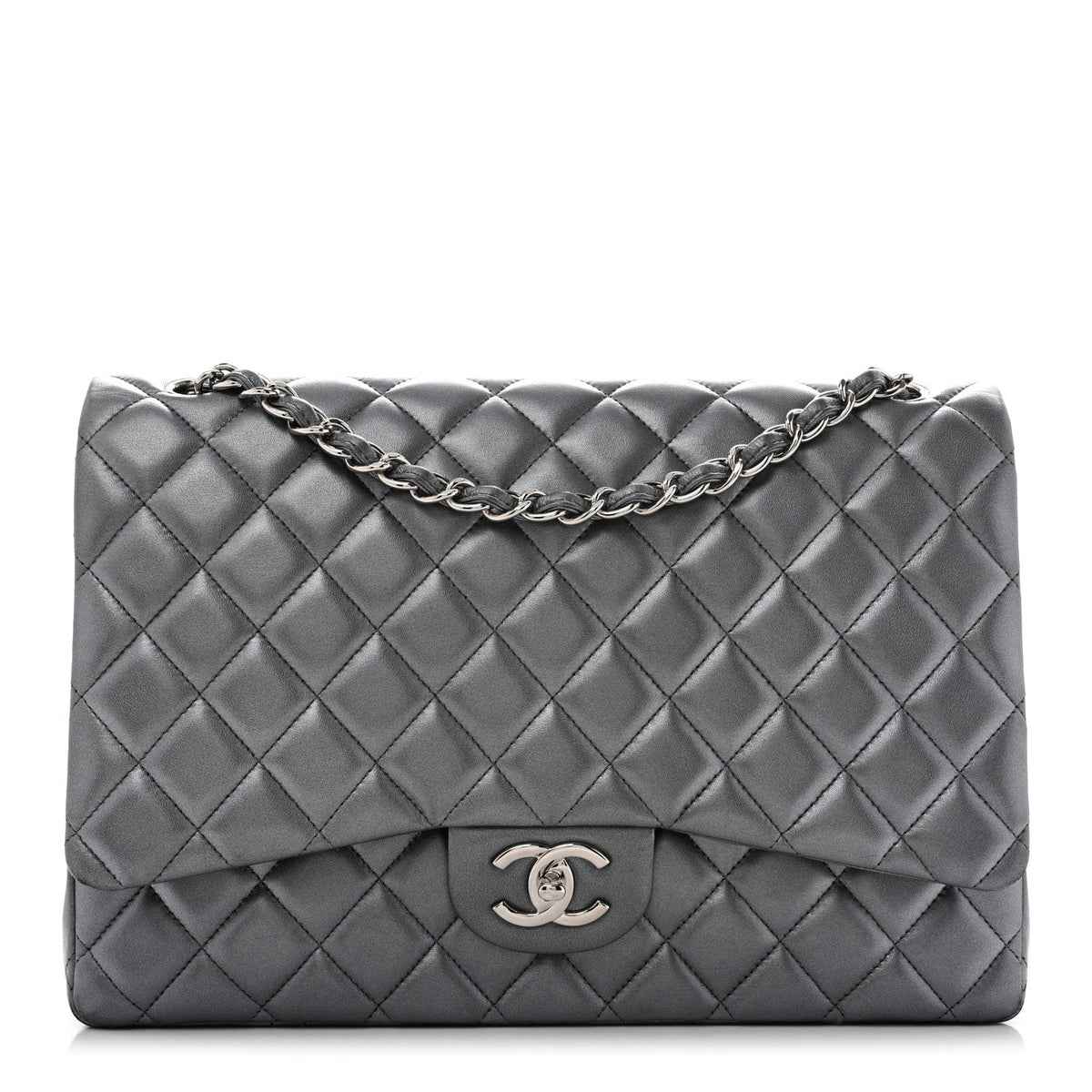 Metallic Lambskin Quilted Maxi Double Flap Pewter wholesalehk.shop