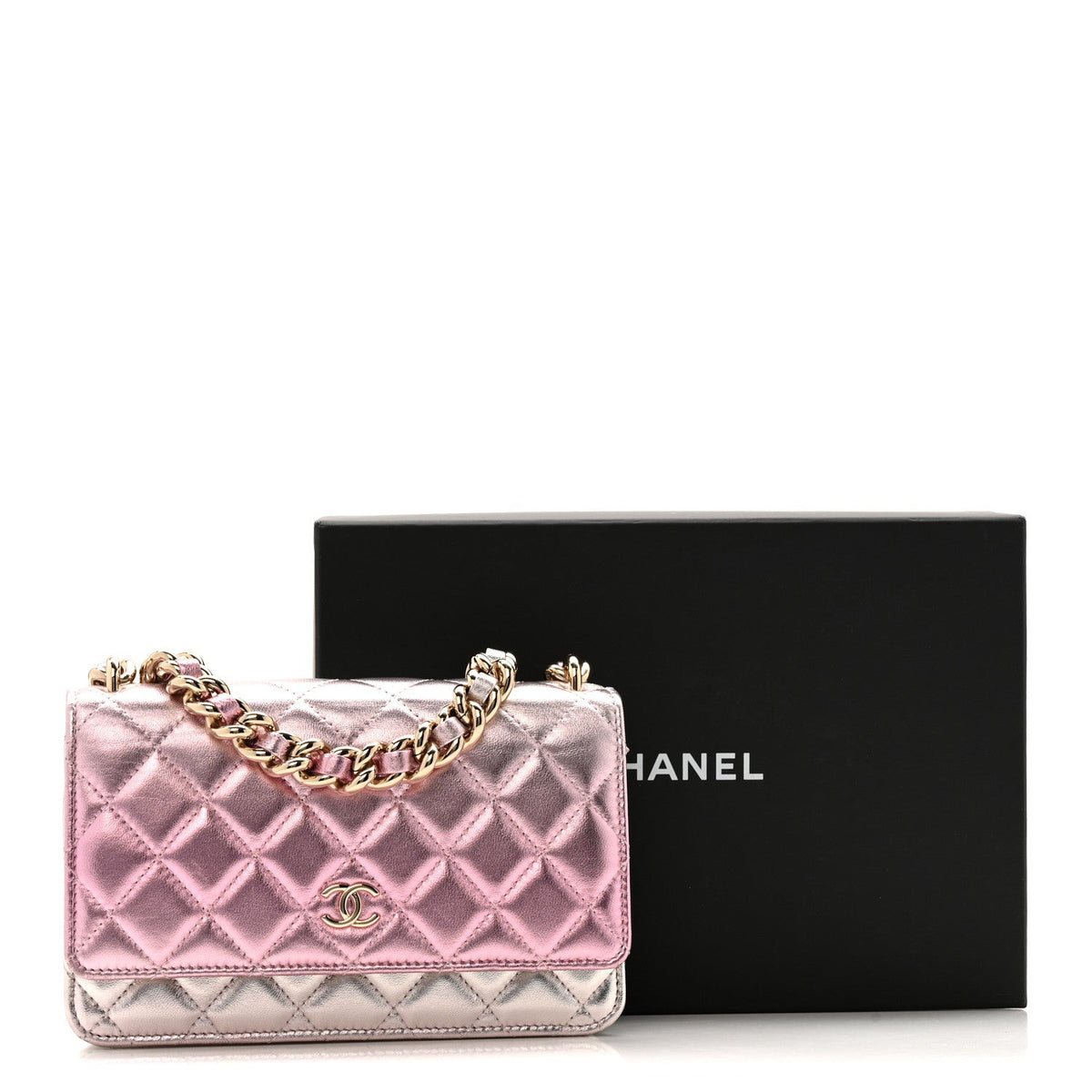 Gradient Metallic Lambskin Quilted Like A Wallet Wallet On Chain WOC Gold Pink wholesalehk.shop