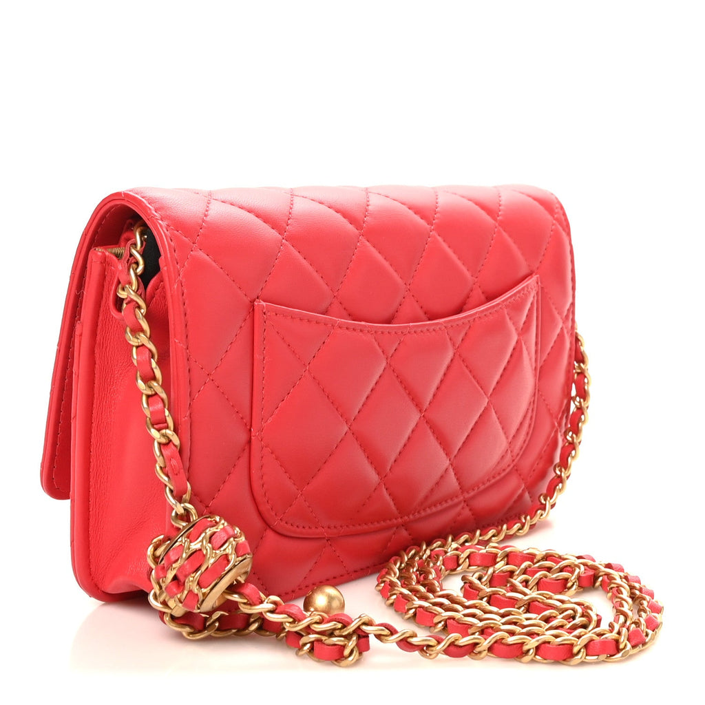 Lambskin Quilted CC Pearl Crush Wallet On Chain WOC  Red wholesalehk.shop