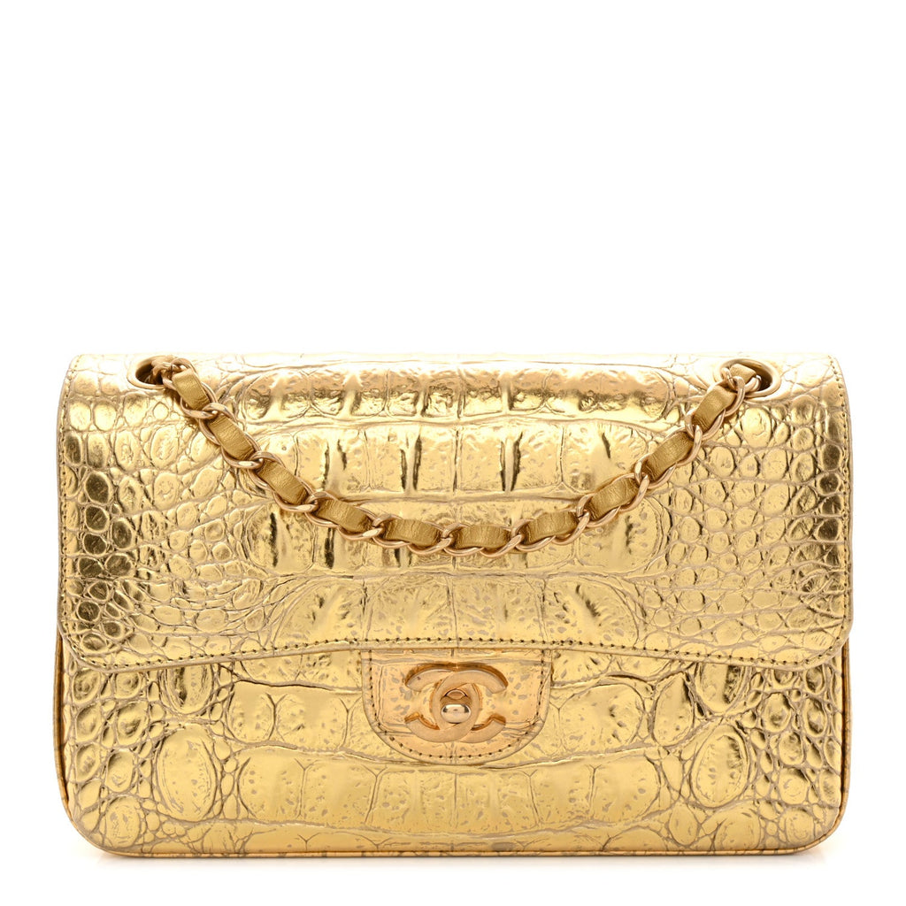 Metallic Calfskin Crocodile Embossed Cocodile Small Double Flap Gold wholesalehk.shop
