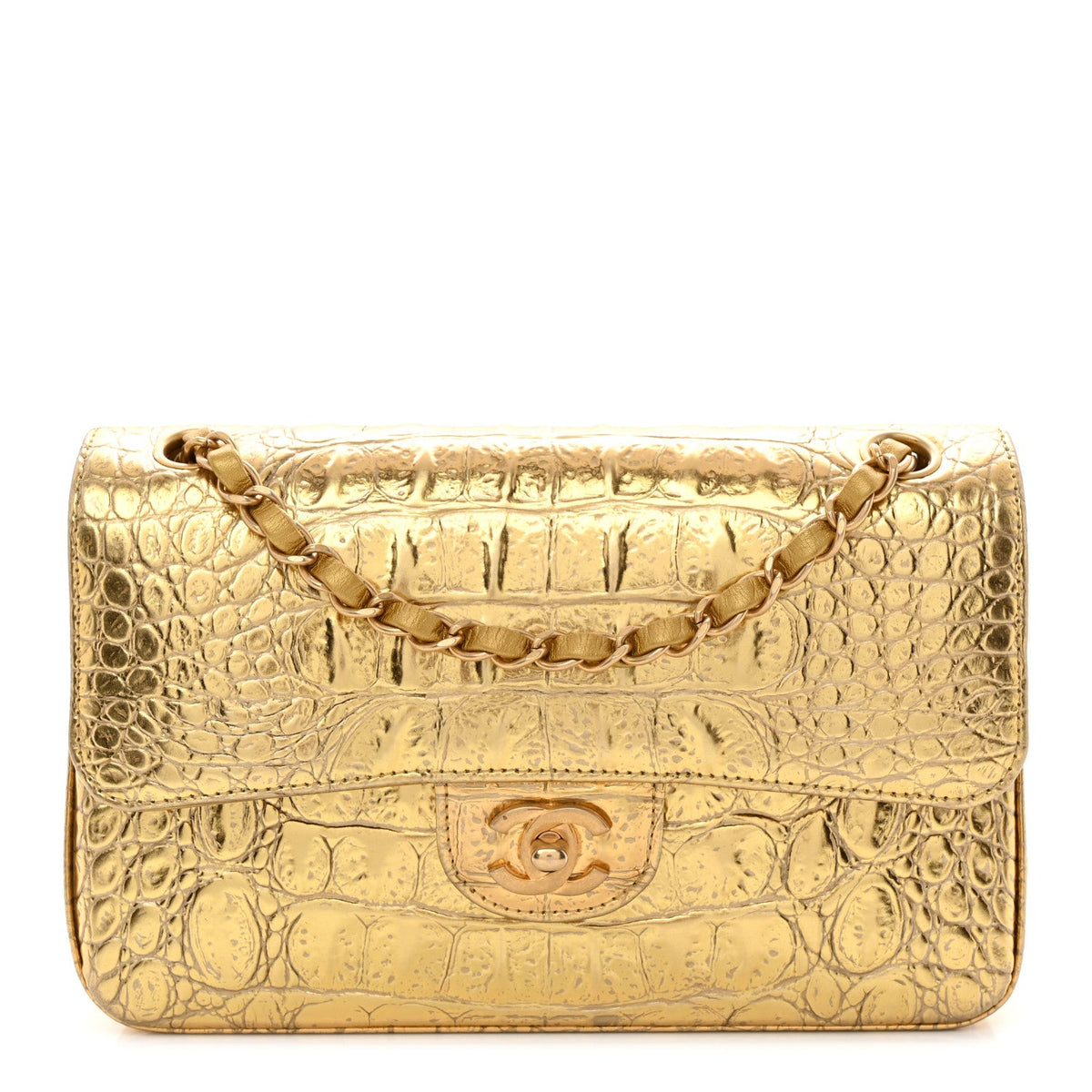 Metallic Calfskin Crocodile Embossed Cocodile Small Double Flap Gold wholesalehk.shop