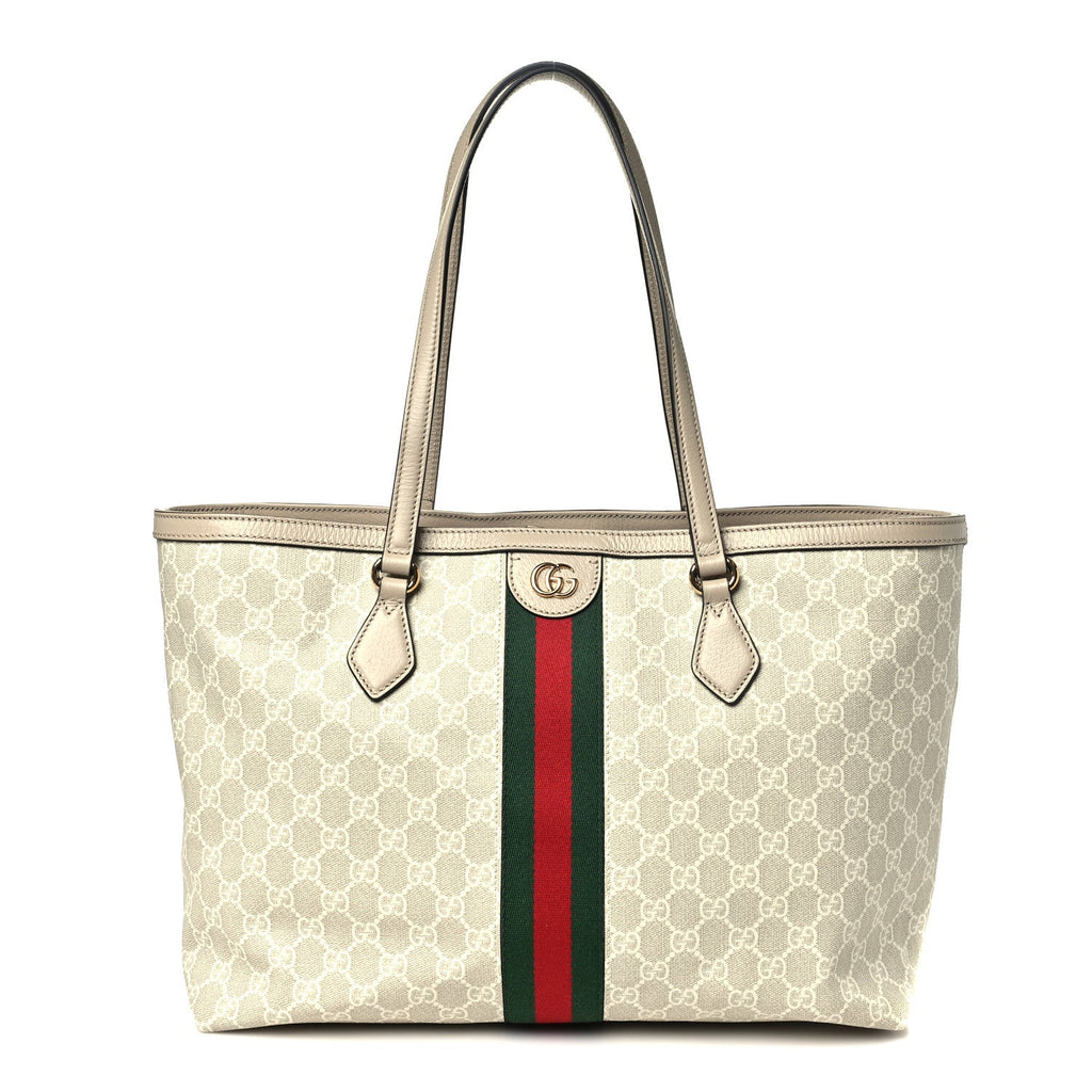 GG Supreme Monogram Textured Dollar Calfskin Web Medium Ophidia Shopping Tote Beige Mystic White Oatmeal wholesalehk.shop