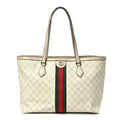 GG Supreme Monogram Textured Dollar Calfskin Web Medium Ophidia Shopping Tote Beige Mystic White Oatmeal wholesalehk.shop