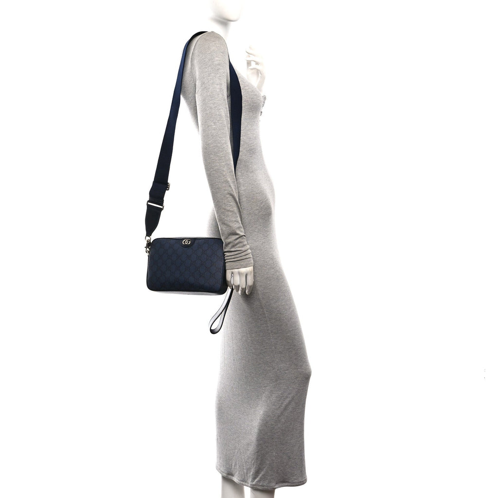 GG Supreme Monogram Textured Dollar Calfskin Web Ophidia Wristlet Shoulder Bag Black Blue wholesalehk.shop