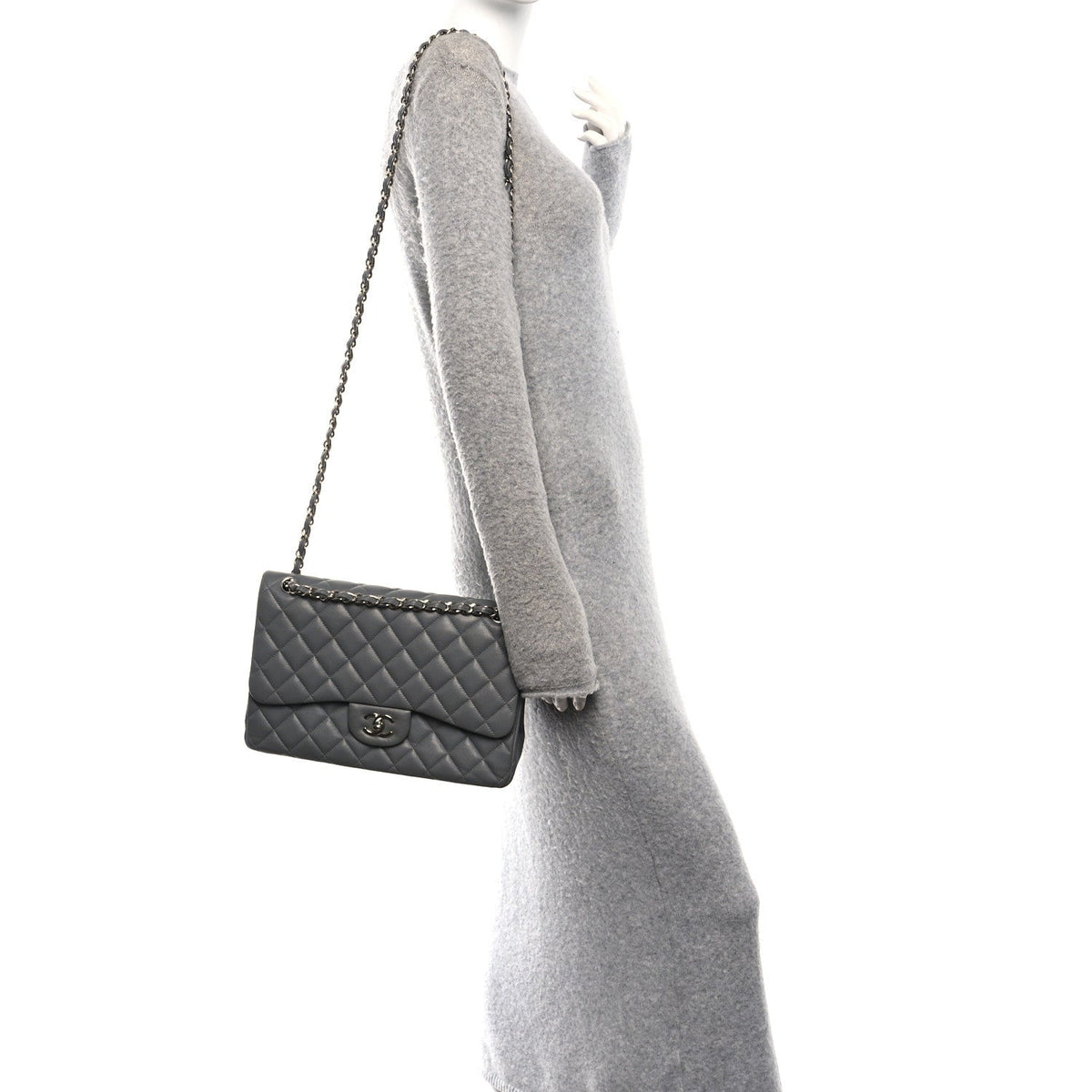 Caviar Quilted Jumbo Double Flap Grey wholesalehk.shop