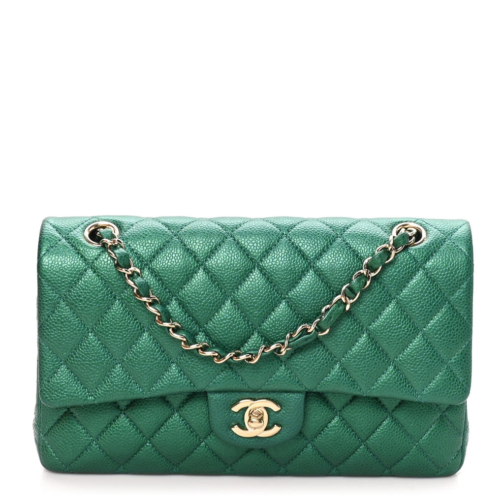 Metallic Caviar Quilted Medium Double Flap Green wholesalehk.shop