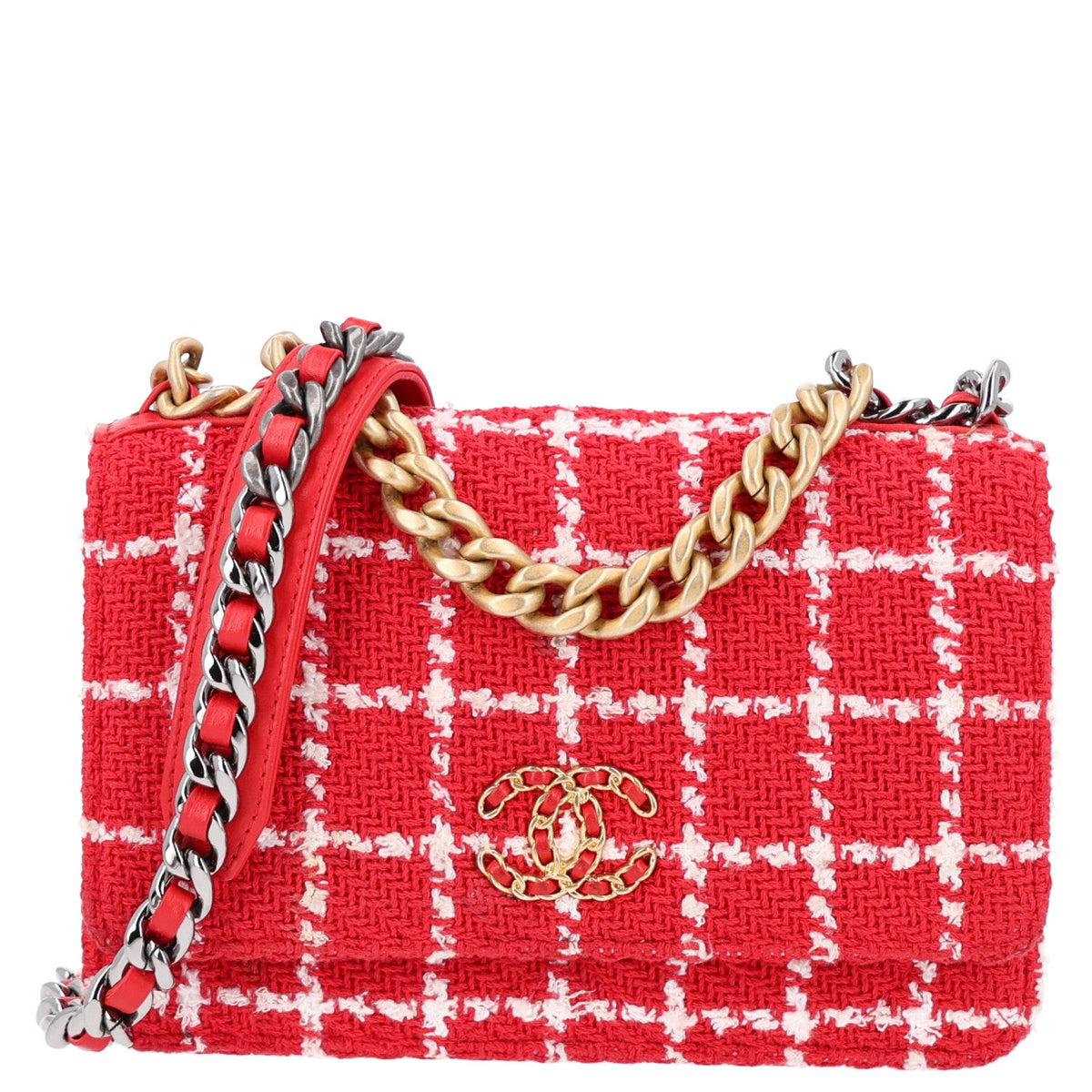 Tweed Quilted Chanel 19 Wallet On Chain WOC Red White wholesalehk.shop