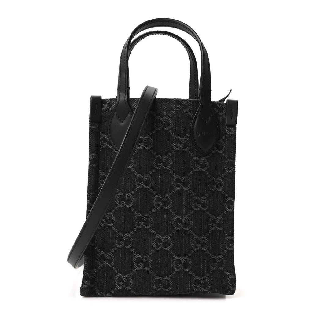 Denim GG Monogram Calfskin Mini Ophidia Tote Bag Black wholesalehk.shop