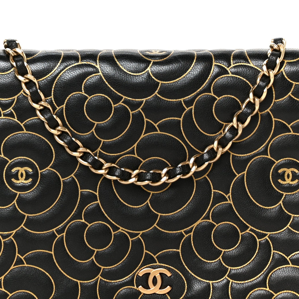 Lambskin Camellia Embossed Wallet On Chain WOC Black Gold wholesalehk.shop