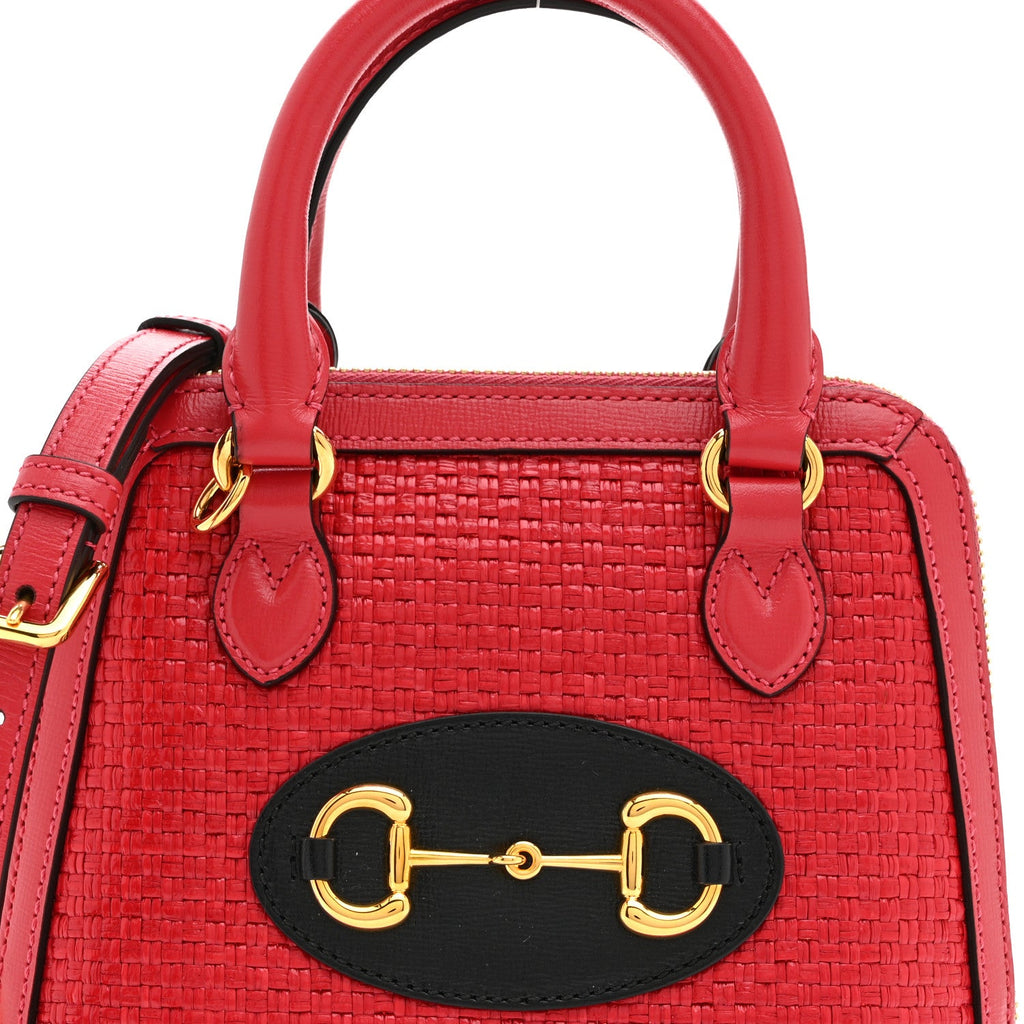 Straw Azalea Calfskin Woven Mini Horsebit 1955 Top Handle Bag Coral Wave Black wholesalehk.shop