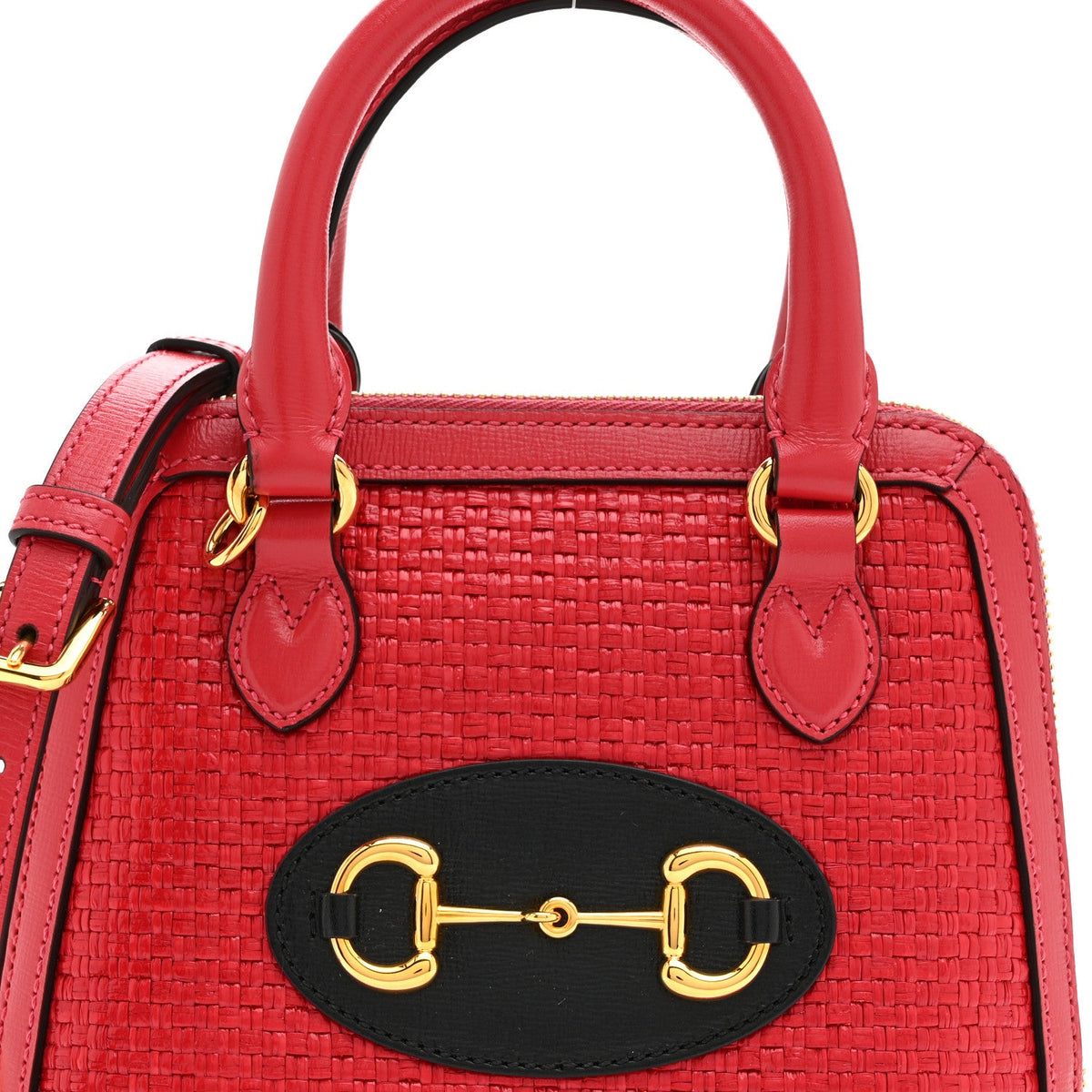 Straw Azalea Calfskin Woven Mini Horsebit 1955 Top Handle Bag Coral Wave Black wholesalehk.shop