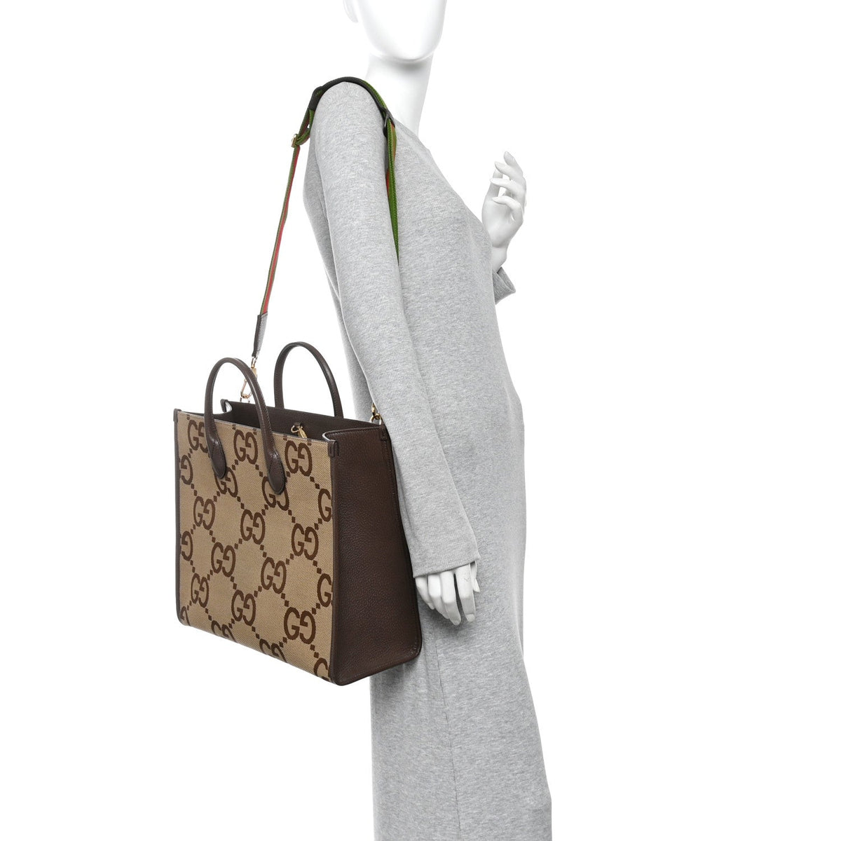 Monogram Jumbo GG Textured Dollar Calfskin Web Tote Bag Camel Ebony New Acero wholesalehk.shop