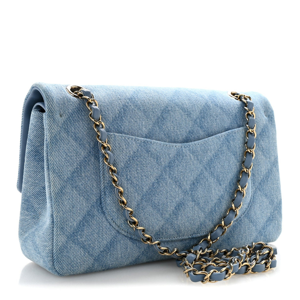 Printed Denim Quilted Medium Double Flap Light Blue wholesalehk.shop
