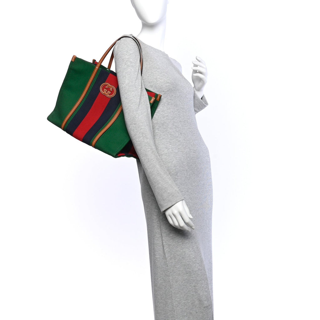 Canvas Calfskin Web Small Interlocking G Tote Bag Green Red wholesalehk.shop