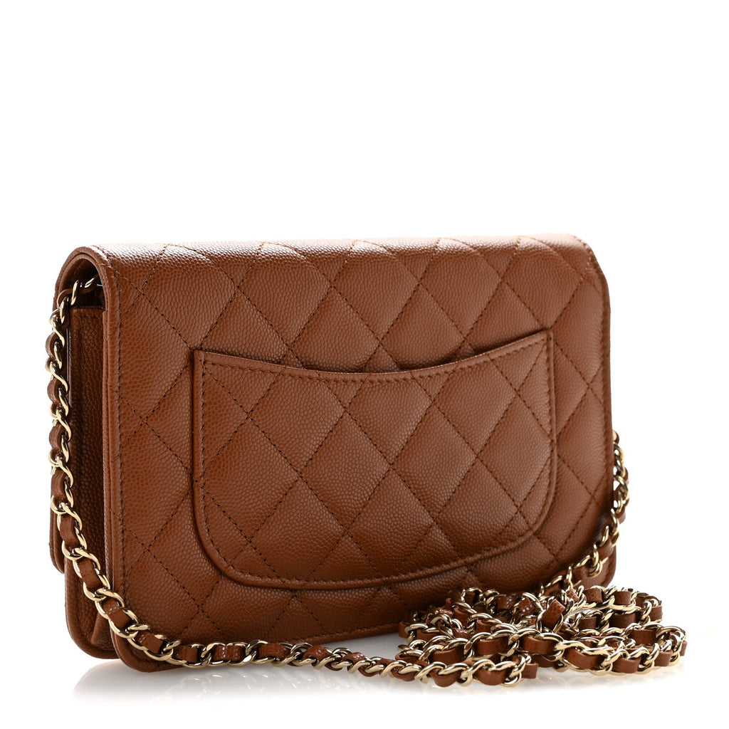 Shiny Caviar Quilted Strass Wallet On Chain WOC Light Brown wholesalehk.shop