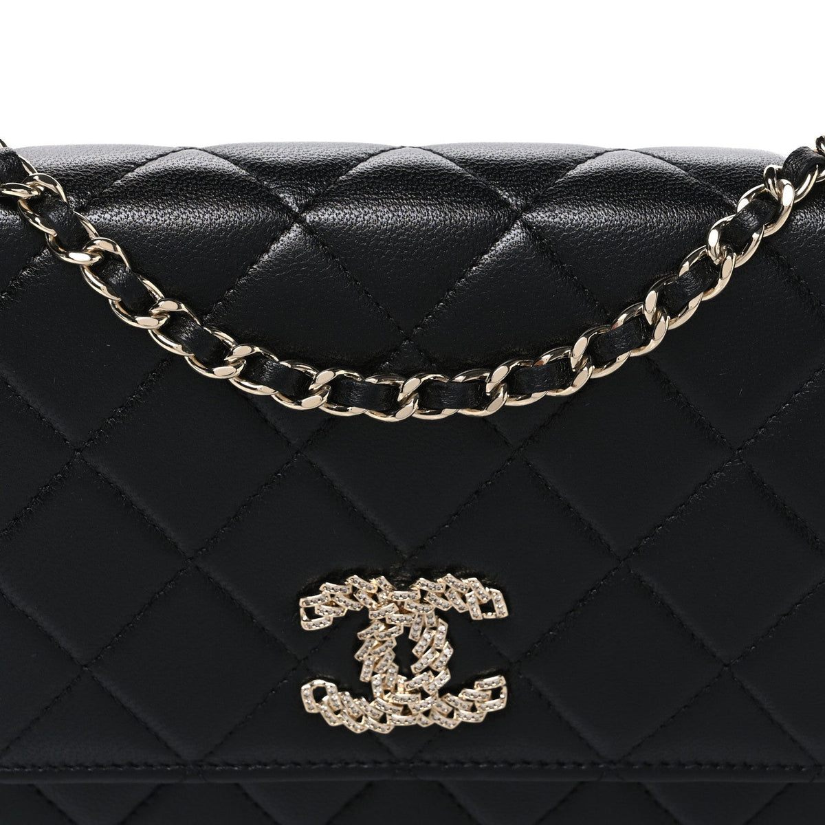Lambskin Quilted Crystal CC Wallet On Chain WOC Black wholesalehk.shop