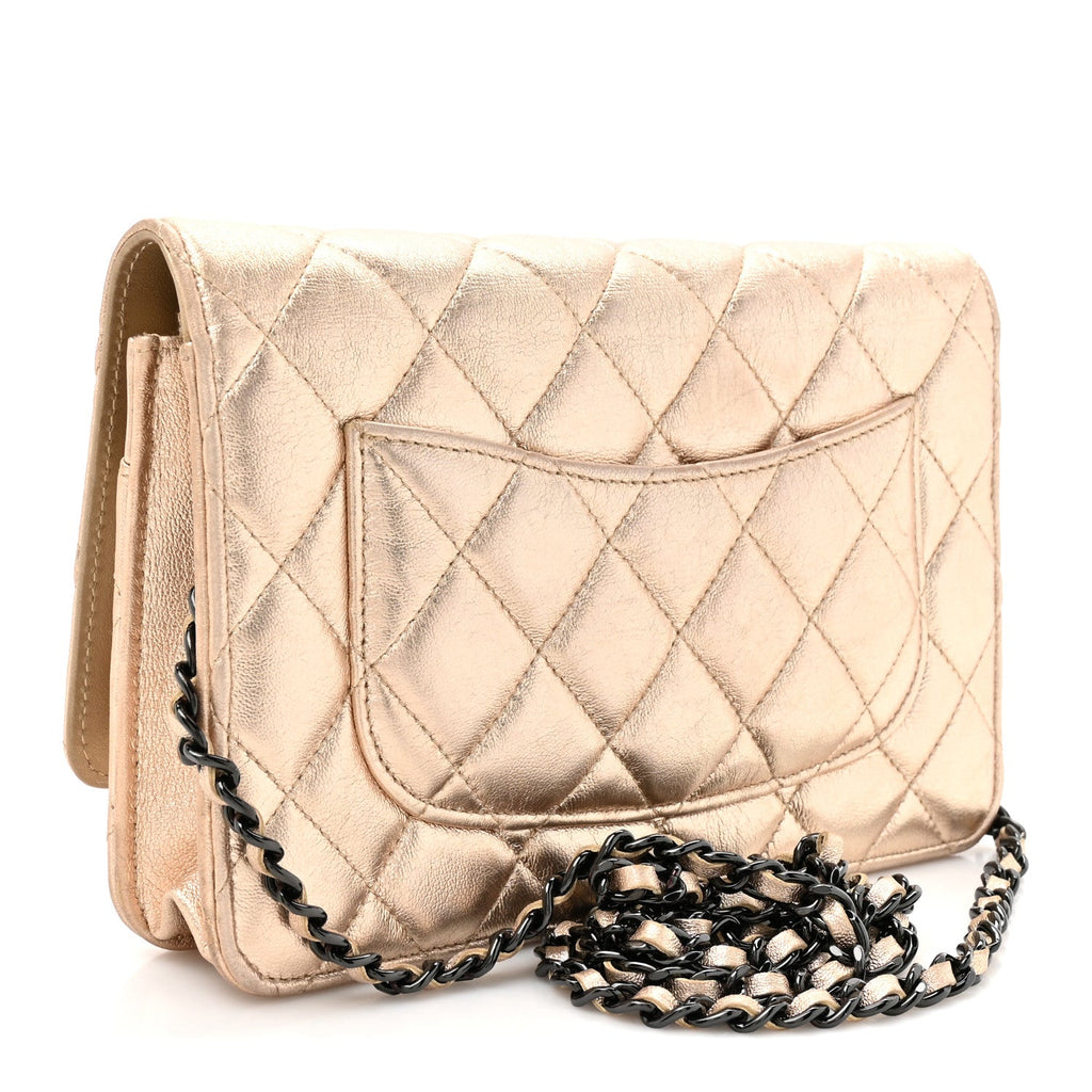 Metallic Lambskin Quilted Wallet On Chain WOC Gold Black wholesalehk.shop