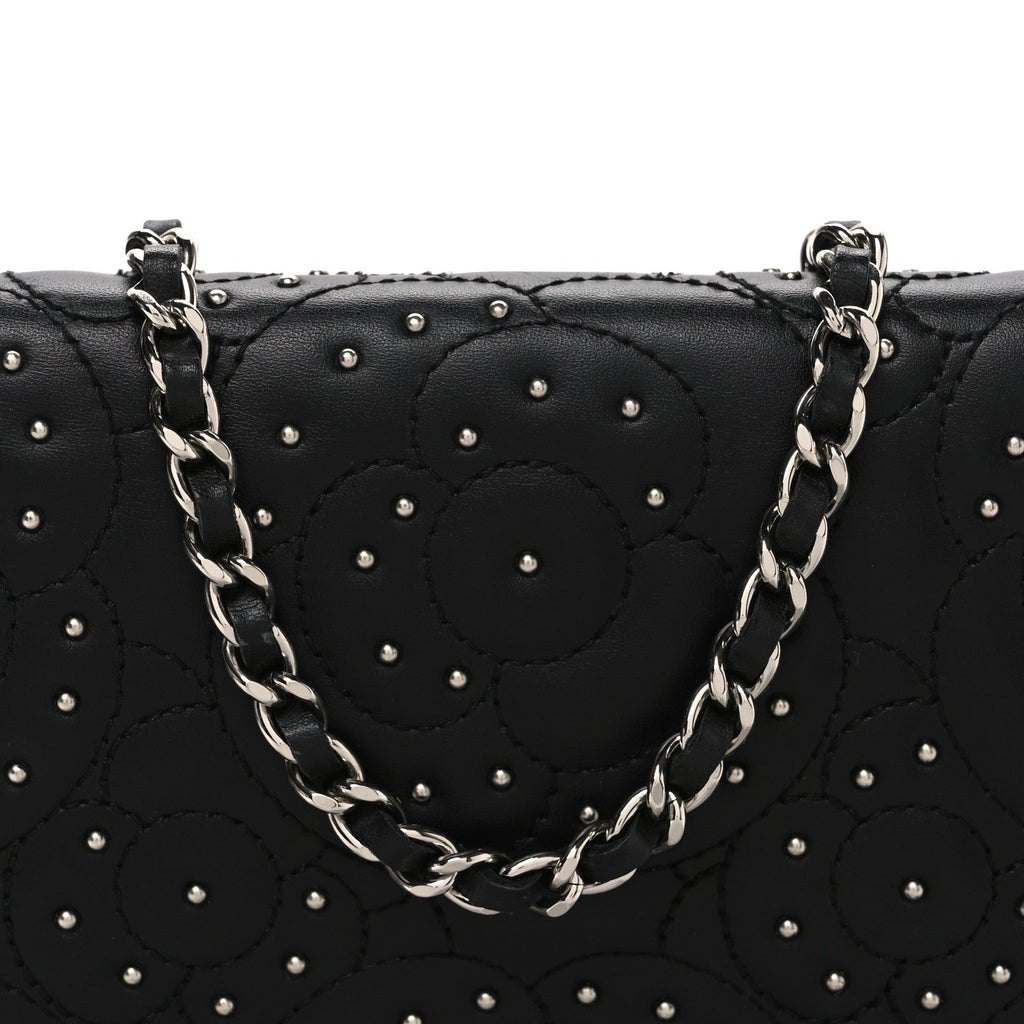 Lambskin Camellia Studded Wallet on Chain WOC Black wholesalehk.shop