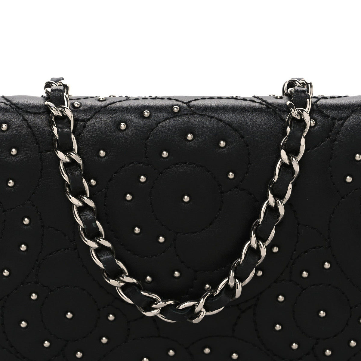 Lambskin Camellia Studded Wallet on Chain WOC Black wholesalehk.shop