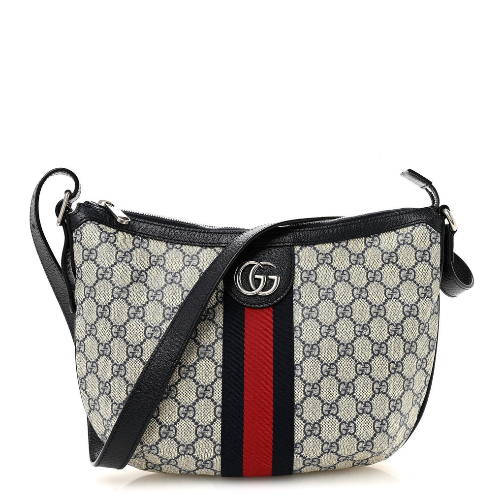 GG Supreme Monogram Textured Dollar Calfskin Web Small Ophidia Half Moon Hobo Beige Blue wholesalehk.shop