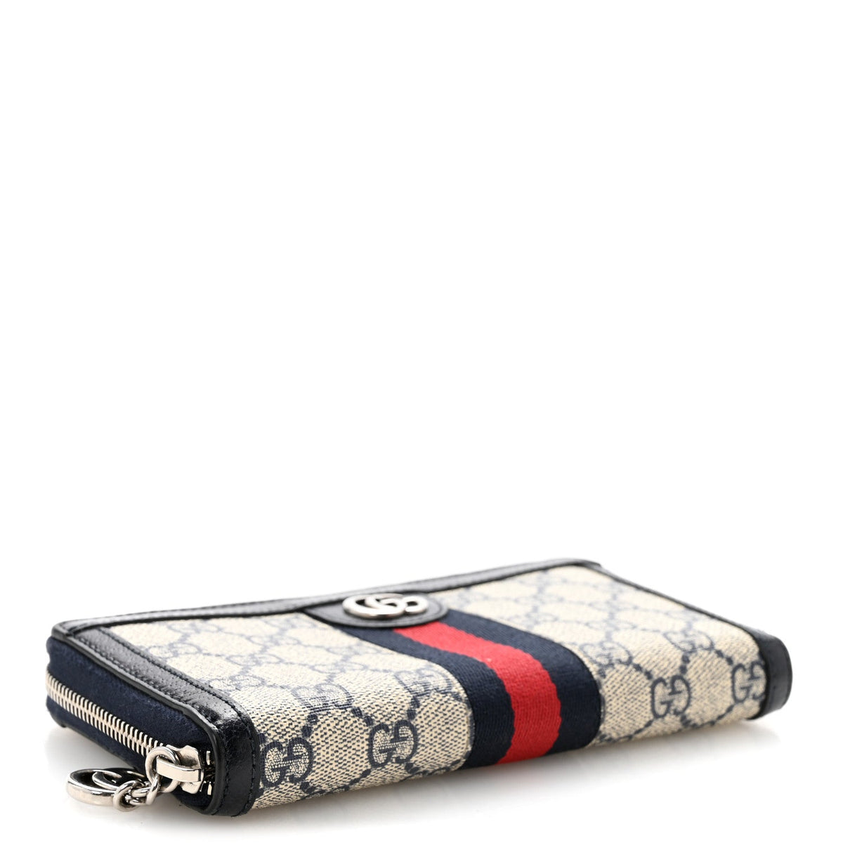 GG Supreme Monogram Textured Dollar Calfskin Web Ophidia Zip Around Wallet Beige Blue wholesalehk.shop
