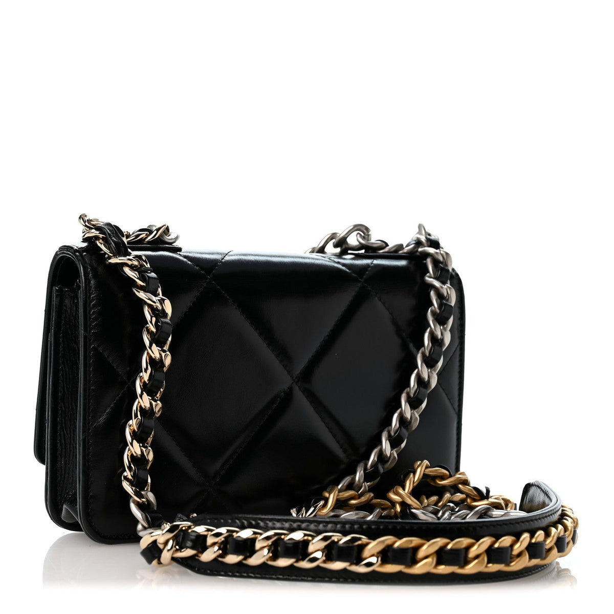 Shiny Crumpled Calfskin Quilted Chanel 19 Wallet On Chain WOC Black wholesalehk.shop
