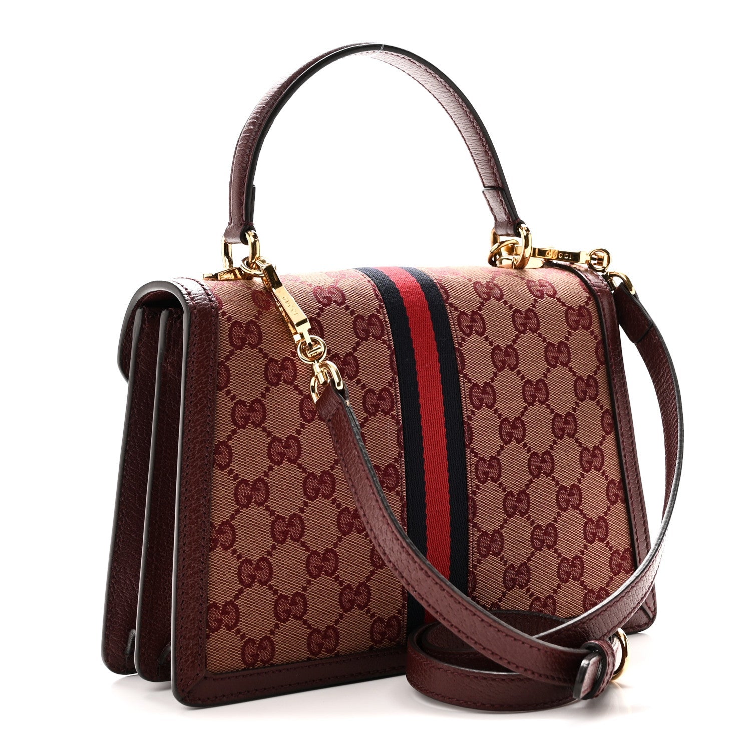 GG Supreme Monogram Textured Dollar Calfskin Web Small Ophidia Padlock Top Handle Bag Bordeaux £¨ Direct shipment via from wholesalehk.shop