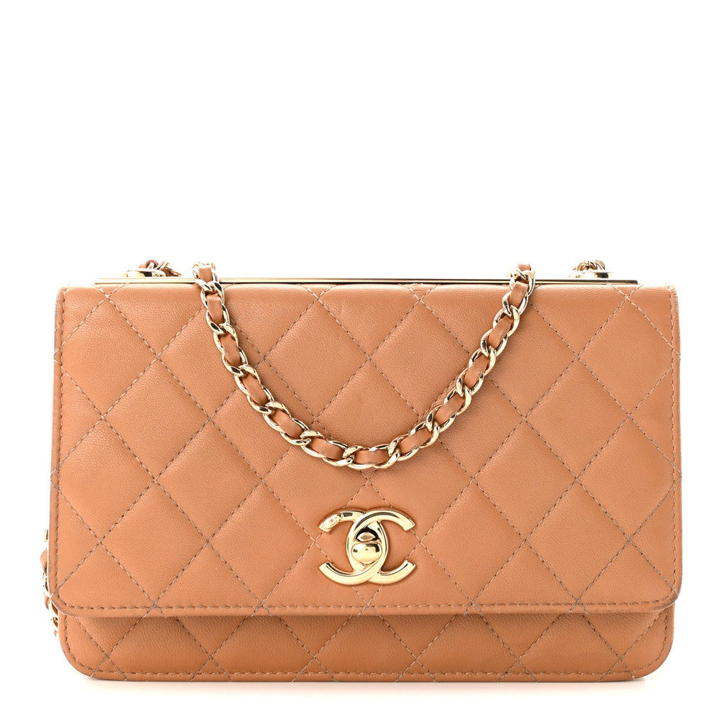 Lambskin Quilted Trendy CC Wallet On Chain WOC Beige wholesalehk.shop