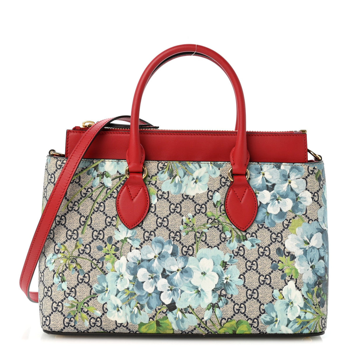 GG Supreme Monogram Blooms Small Zip Top Tote Beige Blue Navy Hibiscus Red wholesalehk.shop