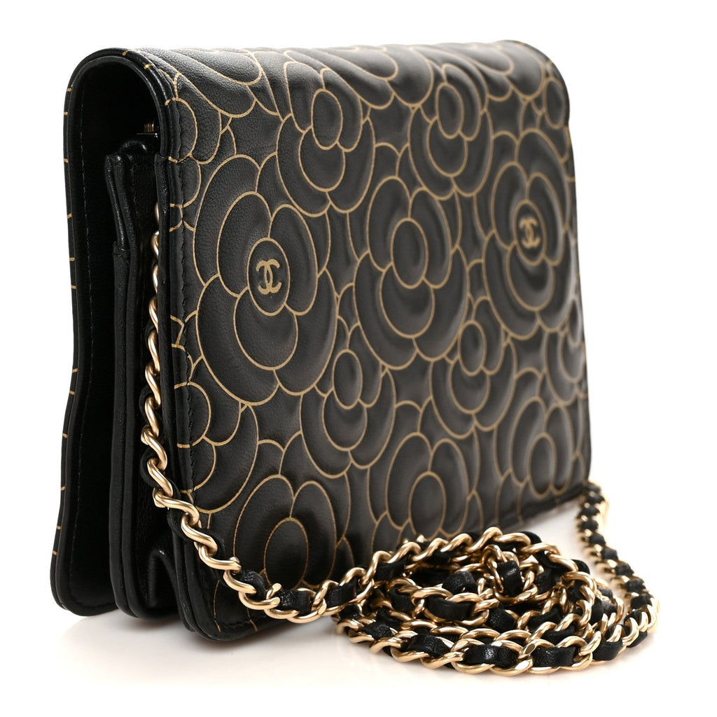 Lambskin Camellia Embossed Wallet On Chain WOC Black Gold wholesalehk.shop
