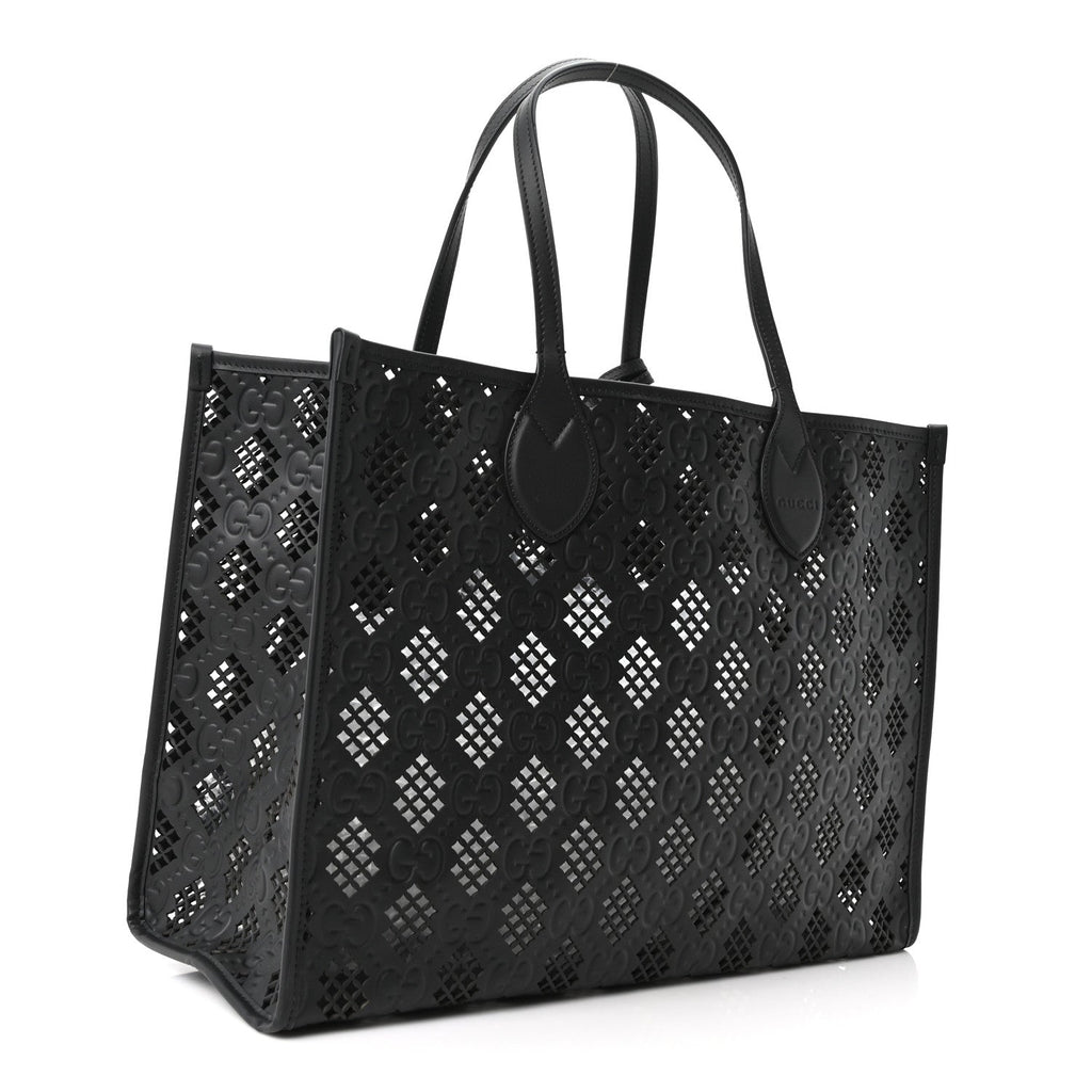 Calfskin GG Monogram Diamond Cut Medium Ophidia Tote Bag Black wholesalehk.shop