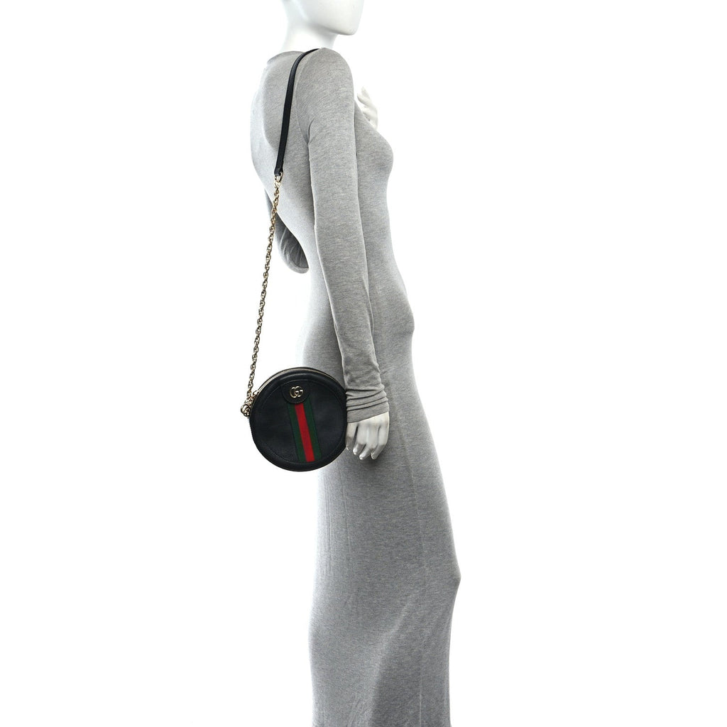 Grained Calfskin Web Mini Ophidia Round Shoulder Bag Black wholesalehk.shop