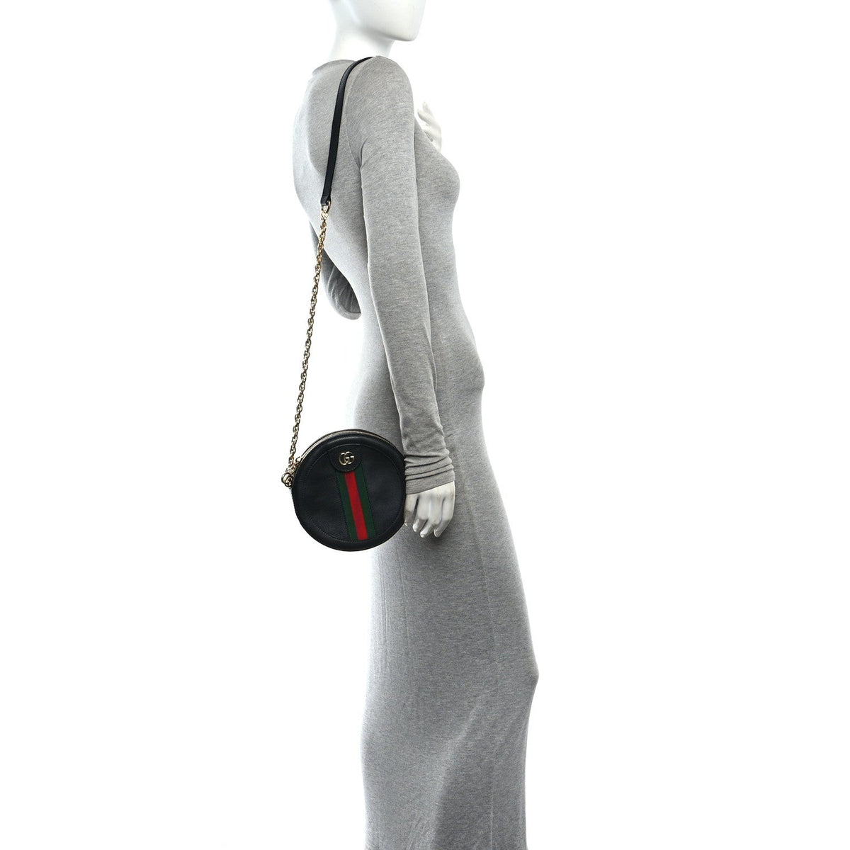 Grained Calfskin Web Mini Ophidia Round Shoulder Bag Black wholesalehk.shop